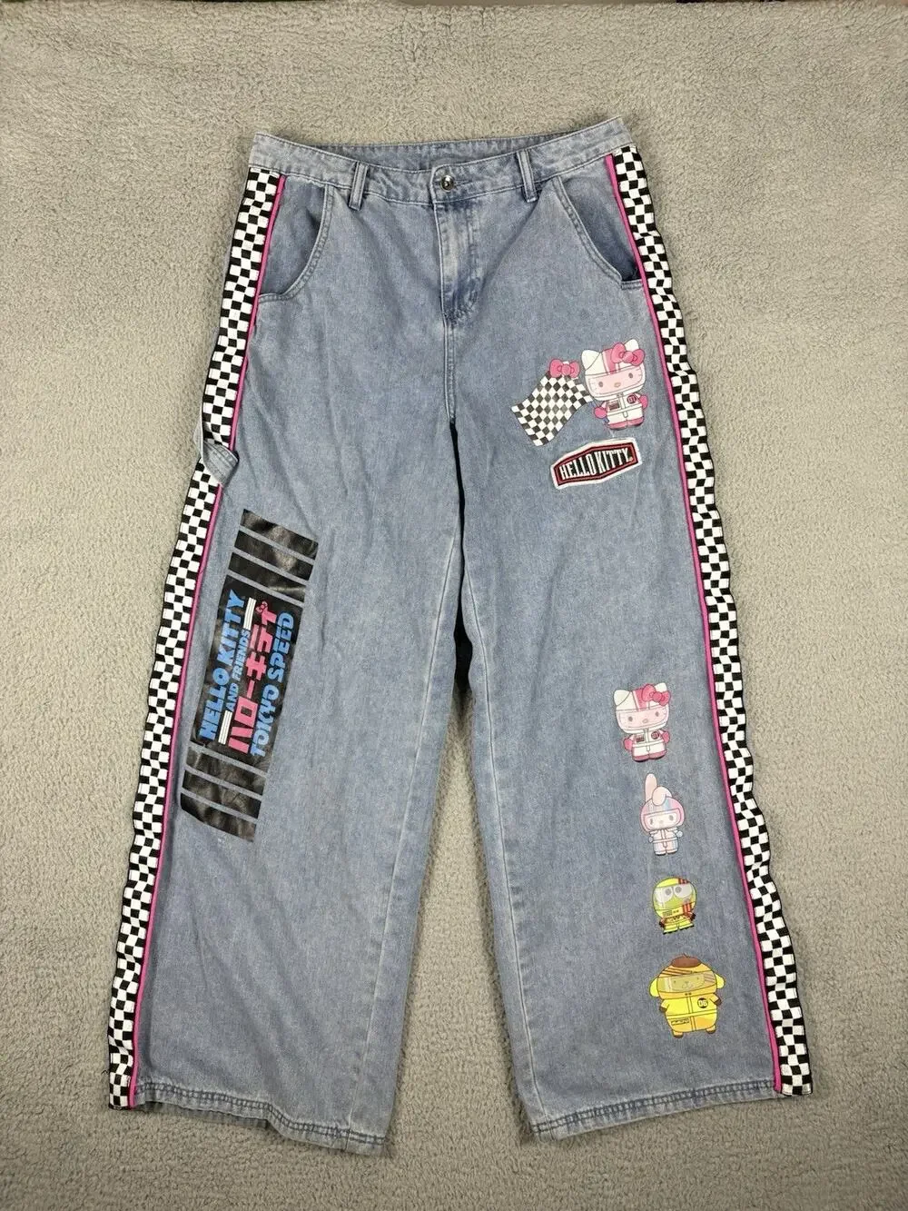 Hello Kitty Racing Team Jeans Women’s 13 Blue Wide Leg Baggy Tokyo Speed Check